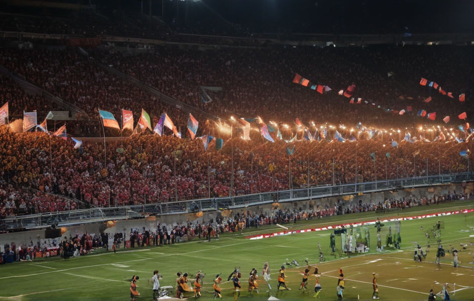 In a vibrant stadium, cheering fans wave flags as athletes compete fiercely.