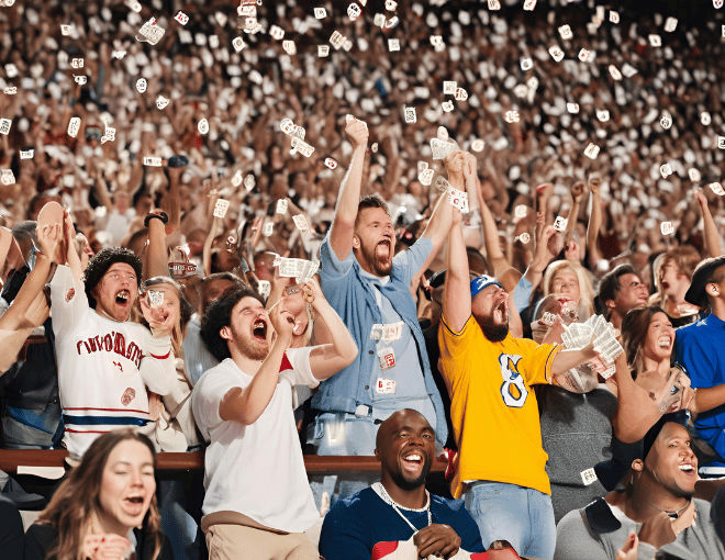 Sports fans cheering wildly in a packed stadium, clutching lottery tickets, eyes gleaming with anticipation, as a giant screen displays the winning numbers.