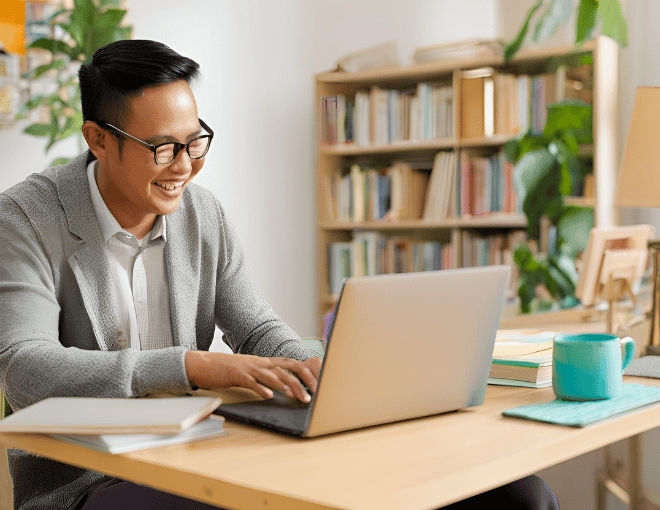 Indonesian man, cheerfully looking at his laptop screen, sits at a tidy desk. The bright room, decorated with books and a lamp, enhances the pleasant ambiance.