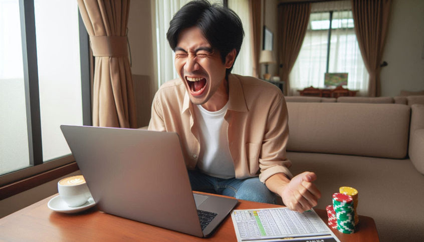 A smiling man sits in front of a laptop, celebrating a jackpot win, with excitement and joy evident on his face.
