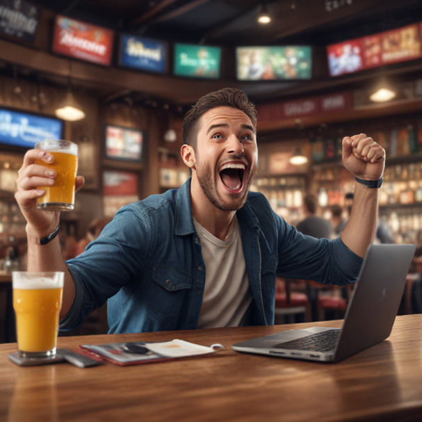 A man in a sports bar smiling while using his laptop, celebrating a winning sports bet online.