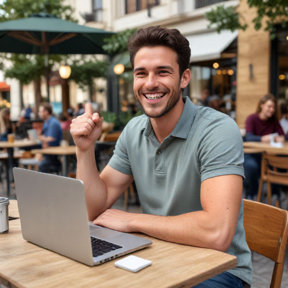 A man seated at an outdoor cafe with a laptop, smiling confidently, celebrating a big win.