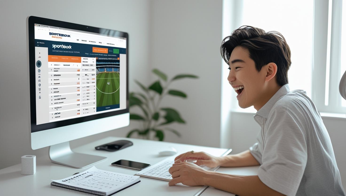 Young man betting on sports online from home with focused expression.