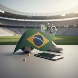 Brazilian flag at the center of a stadium in which soccer ball and a rubber shoes are positioned behind