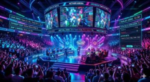 An esports tournament arena with players on stage, large screens displaying gameplay