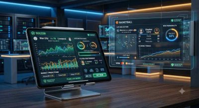 A sleek digital dashboard displaying live sports analytics, interactive statistics, and secure data visualisations on a high-tech tablet.