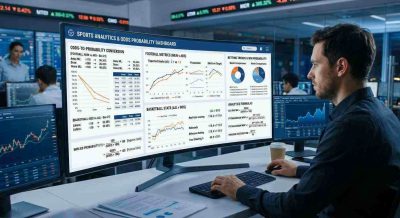 A clean sports analytics visualization showing betting odds converted into probability percentages, mathematical formulas, football and basketball statistics, professional data-analysis environment.